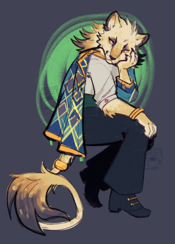 A pale yellow anthro lion sits while leaning their head on one of their hands.  They wear a multicolored jacket draped over their shoulders, and dark pants.  Their tail curls beside them on the floor.