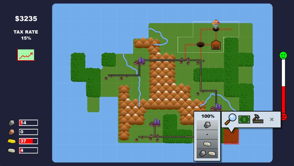An over-world map of Mega Drill showing a new UI panel that shows the distribution of minerals in relation to the depth in a level.