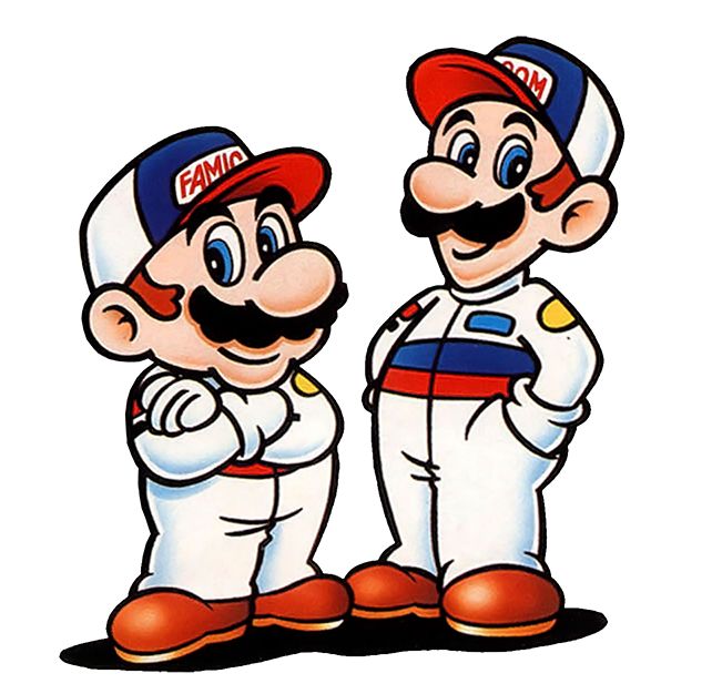 Unique artwork of the Mario Bros, which appeared in 'Famicom Grand Prix II: 3D Hot Rally'.