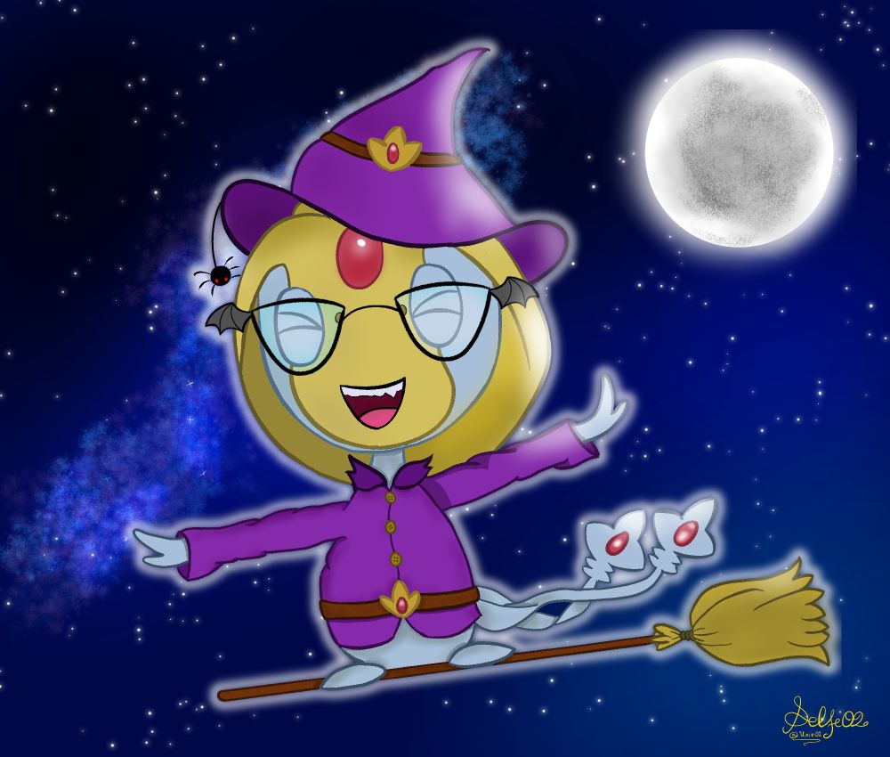 A Uxie dressed up as a witch soaring a full-moon night sky on a broom.