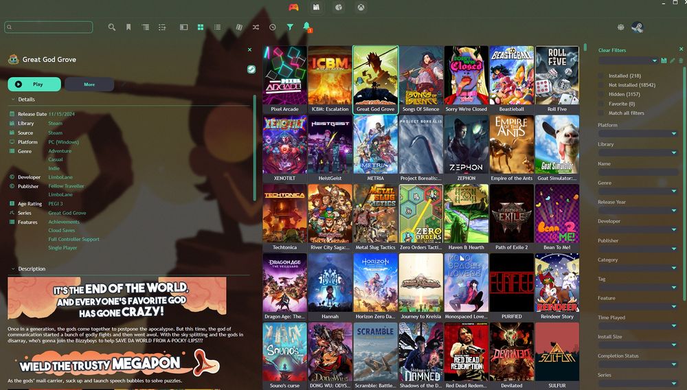 A screenshot of the Playnite app, showing Dominic Tarason's games library, currently examining the upcoming Great God Grove.