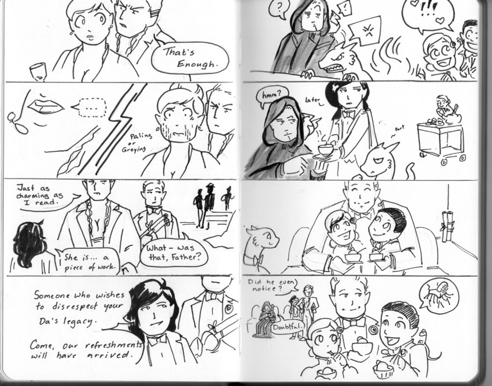 Comic where she is told that is quite enough, something is whispered to her, and she flees. There is then a return to the seats - and opera refreshments. The boy has aquired rolled up tubes.The other boy was too busy talking about costumes to notice.... anything.