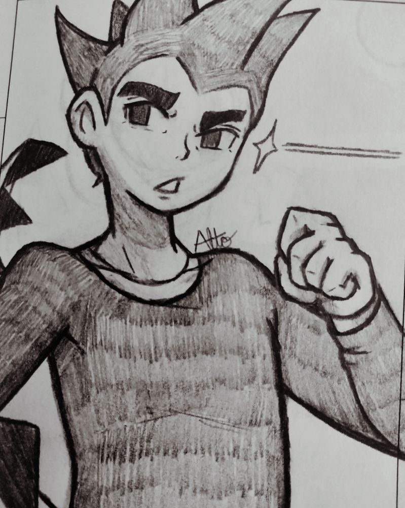 Quick, rough sketch of @metalliccomic.bsky.social's OC Zeke with a cautious expression. His left arm near him and hand in a fist while the right arm is away from the viewer.