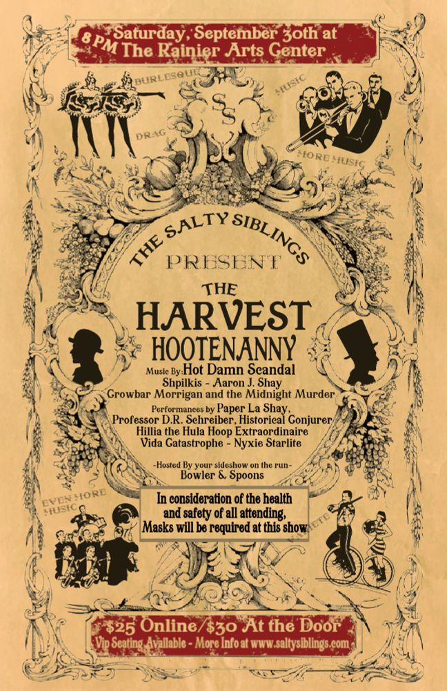 An old-timey poster advertising the Harvest Hootenany, a mask-required performance in Seattle on Saturday, September 30th at the Rainier Arts Center.
