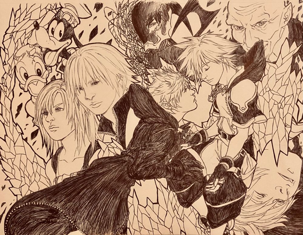 Roxas tentatively reaching towards Sora. This could be set during/post-Re:Coded. They are surrounded by stained glass framing the rest of the characters: Donald, Goofy, Kairi, Riku, Vanitas (I’m laughing that I predicted his cracked mask six years before KH3’s release), Master Xehanort, and Ven.
