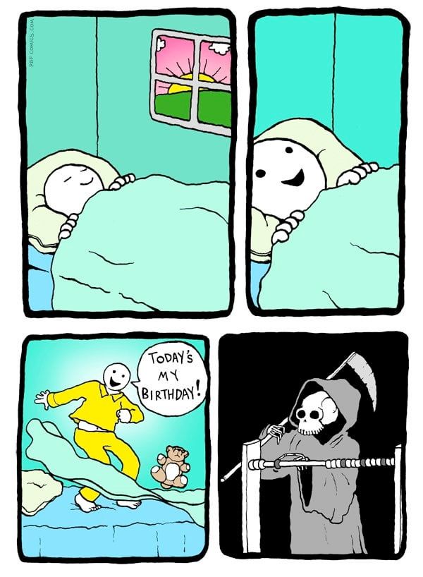 A 4 panel comic, in the fisrt panel shows someone sleeping, in the second his eyes open, in the third panel he jumps out of bed and exclaims 'today is my Birthday' in the fourth panel shows Death sliding a bead along an abacus 