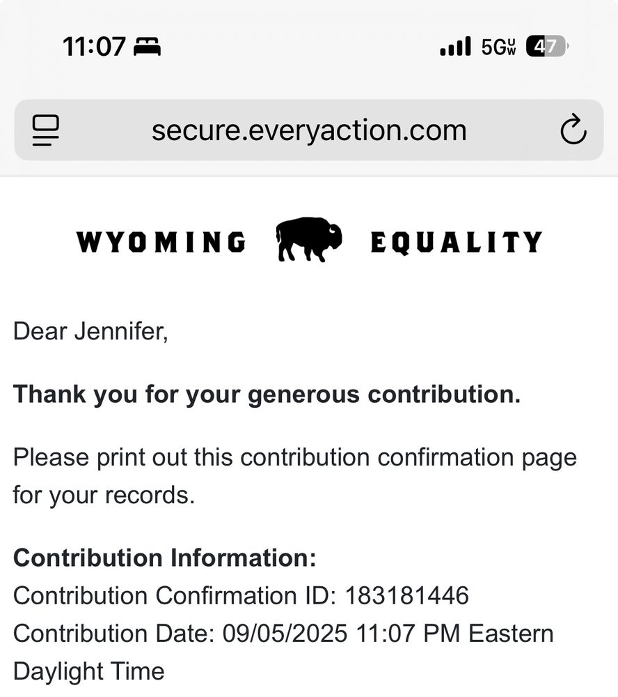 Receipt from donation to Wyoming Equality, a group who works to find affirming care local to Wyomingites. 