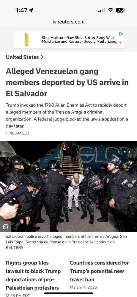 “Allrged Venezuelan gang members deported by US arrive in El Salvador” - Reuters top story, 3/16/25. 