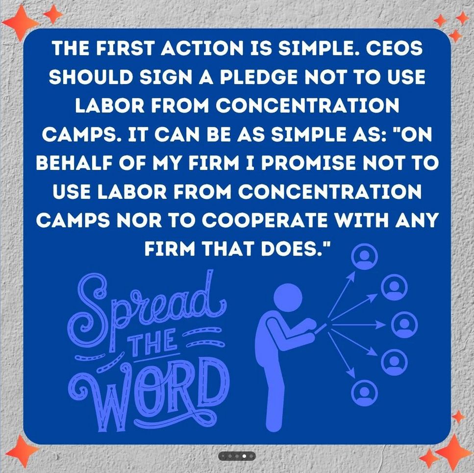 The 1st action is simple. CEO's should sign a pledge not to use labor from concentration camps. It can be as simple as. 