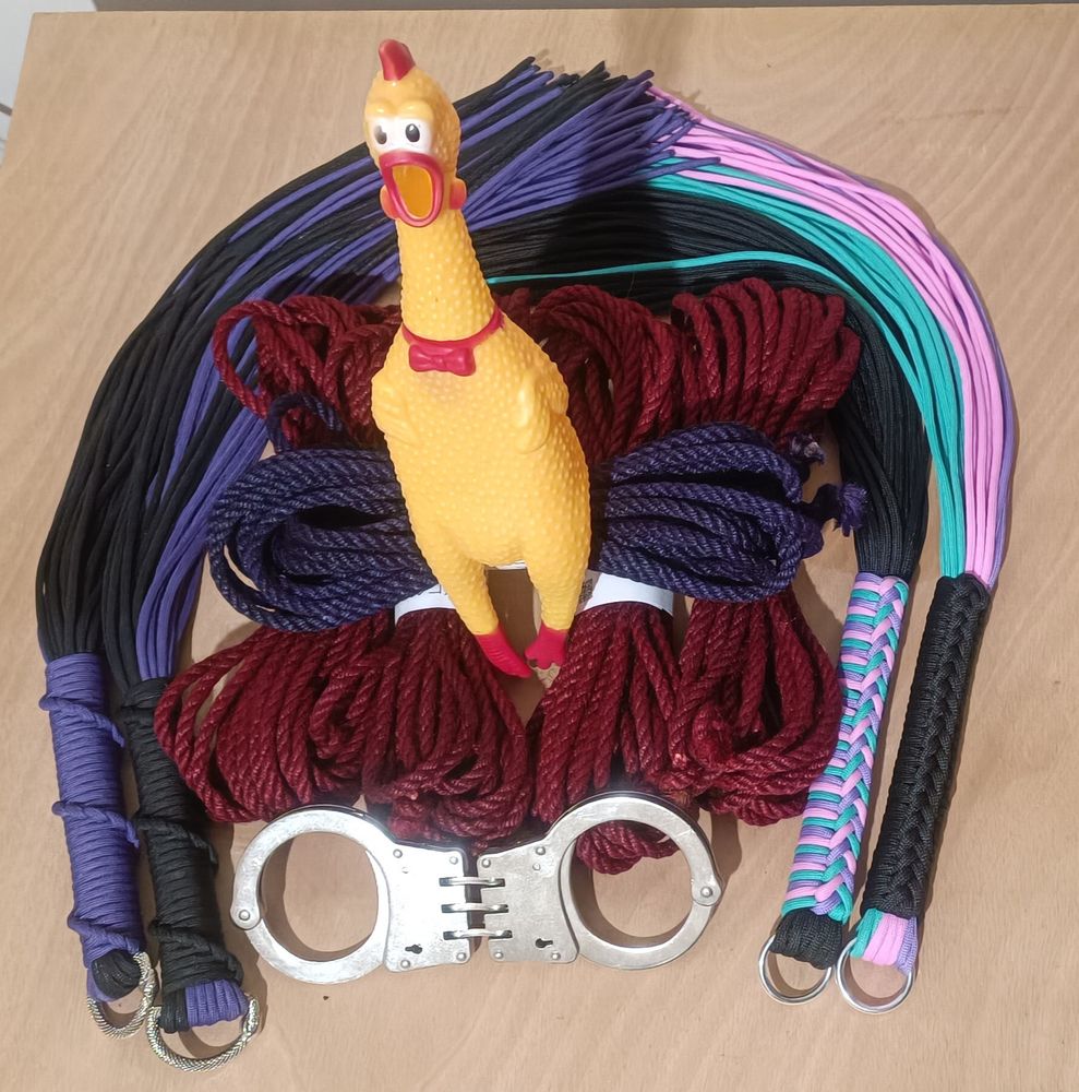 Handcuffs, jute ropes, floggers and screaming chickens in no particular order 