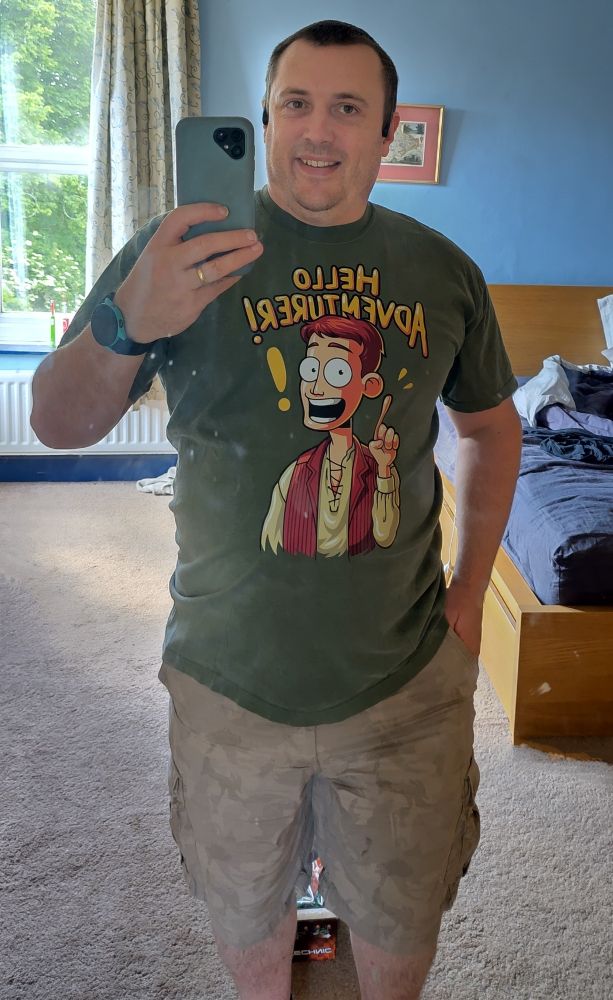 Mirror selfie with a big logo in the front of my T-shirt. It's Greg from VLDL saying "Hello Adventurer!"