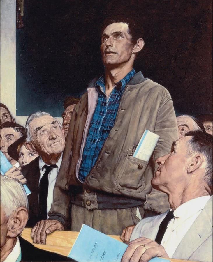 That currently ubiquitous Norman Rockwell  painting with the middle-aged white man in the blue plaid shirt and leather jacket with some papers in the pocket standing up in a meeting of other white men in shirts and ties. 