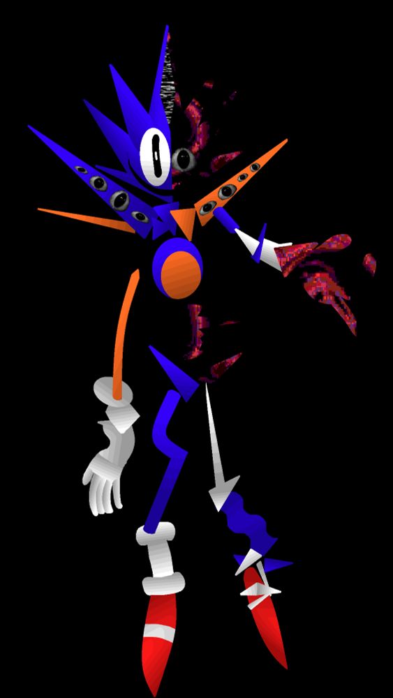 Rewrite Sonic's Kyokai form. It resembles a hedgehog with red sneakers, white gloves, blue fur, and orange skin. The drawing appears as a distorted model, early CGI style, with several randomly placed polygons and ruined meshes. Multiple realistic human eyes appear on Rewrite's shoulder blades. Half the model is covered in a red pulsating mass, with a realistic eye in place of its left eye (our right).