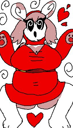 A Shygal and Spinda mix. the character is wearing a red robe with a belt through the middle, a hood, and a mask with three holes. The eye holes have spirals inside. Her hair pokes through the hood- it's a light red. Bunny ears poke through her hood as well. She is overweight, with large breasts. Hearts and spirals surround the character.