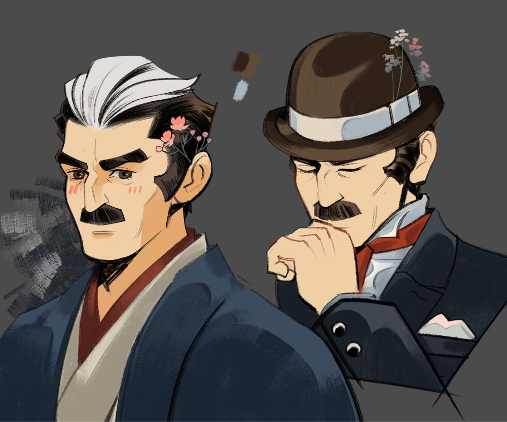Two bust studies of Mikotoba in his Japanese (kimono) and English (suit and bowler hat) attire.

Series: Ace Attorney