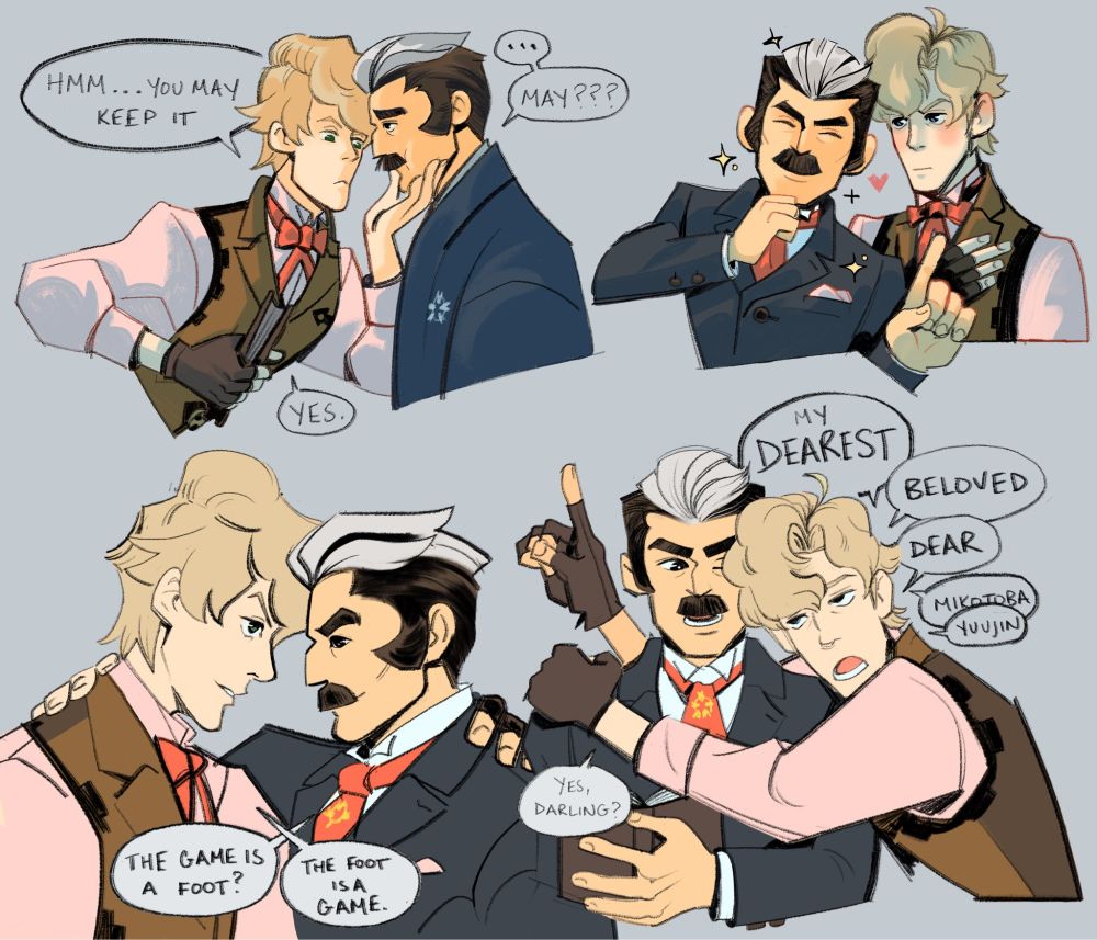Sketches of various scenarios depicting Sholmes and Mikotoba's 10 year reunion, including: Sholmes judging Mikotoba's current facial hair, admiring his deduction skills, and latching (literally) onto an old familiar dynamic.

Series: Ace Attorney