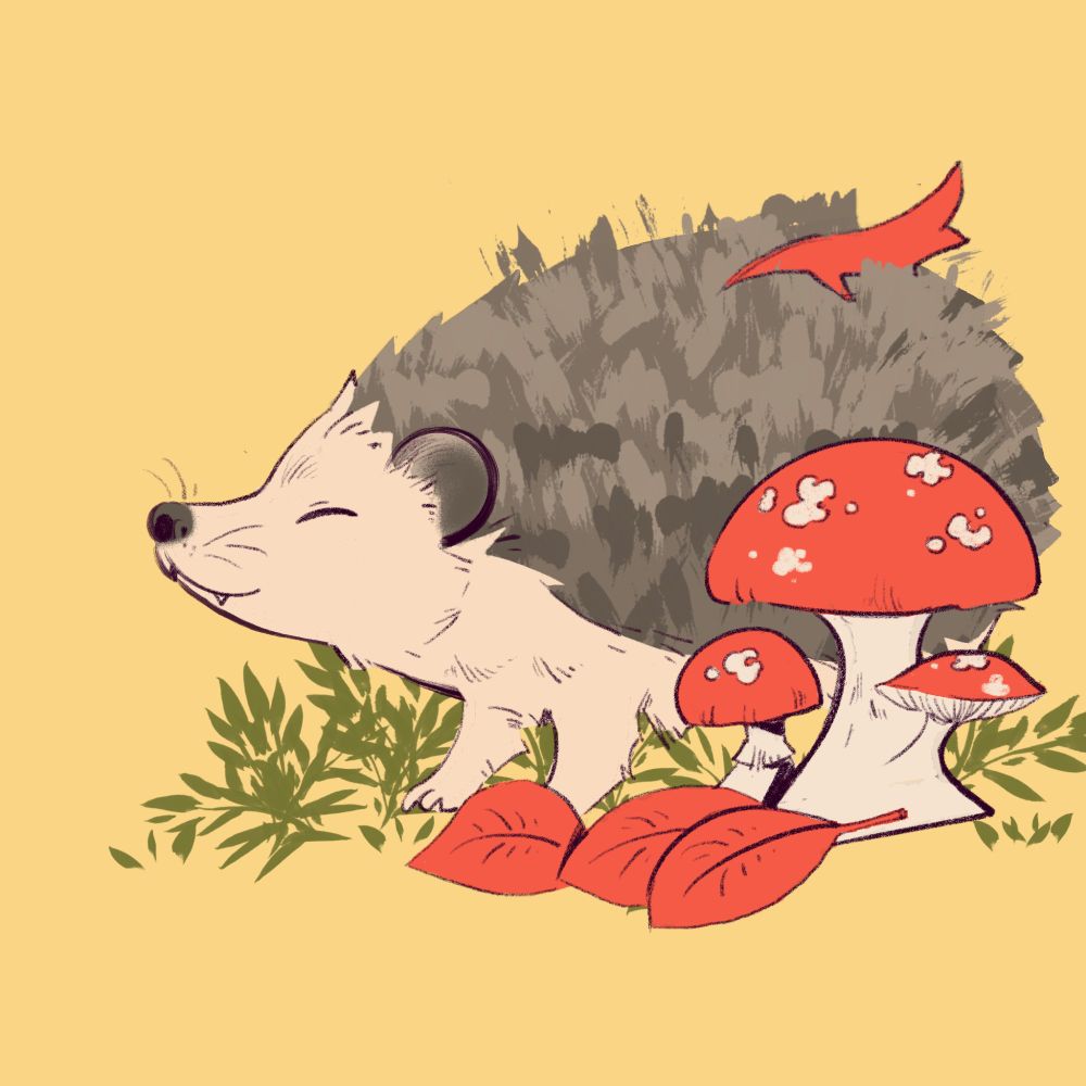 a smiling hedgehog with a leaf on their back, standing in some foliage by a mushroom.