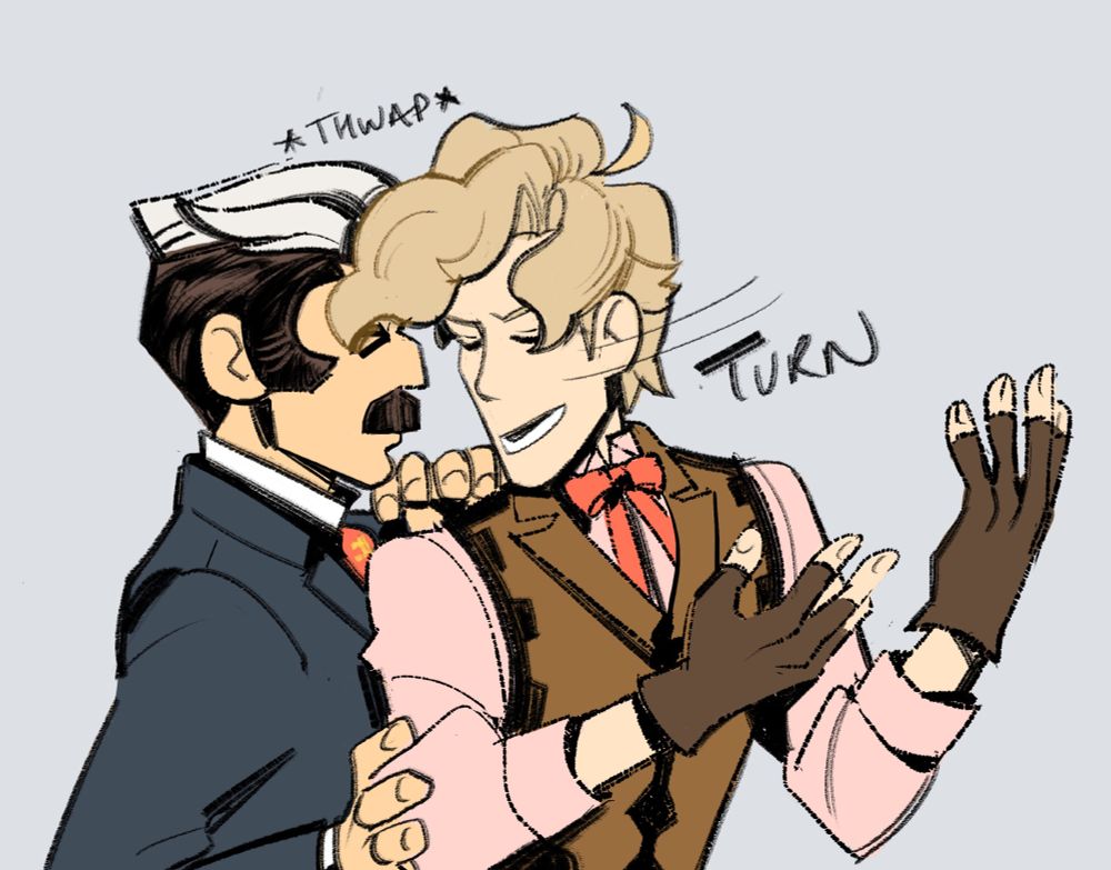 Sketch of Sholmes turning around quickly, accidentally slapping a startled Mikotoba in the face with his floppy fringe.

Series: Ace Attorney