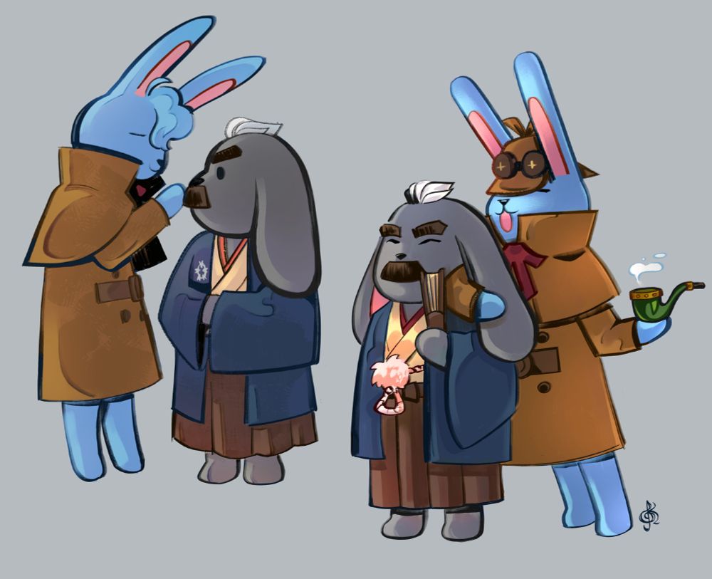 two spot illustrations of Sholmes pestering Mikotoba, they are pictured as rabbit mascots