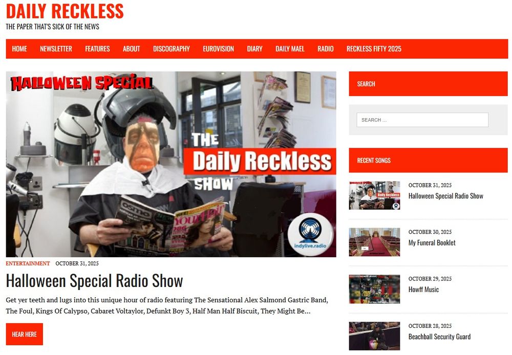 Daily Reckless front page October 31st 2025 featuring The Daily Reckless Radio Show Halloween Special.