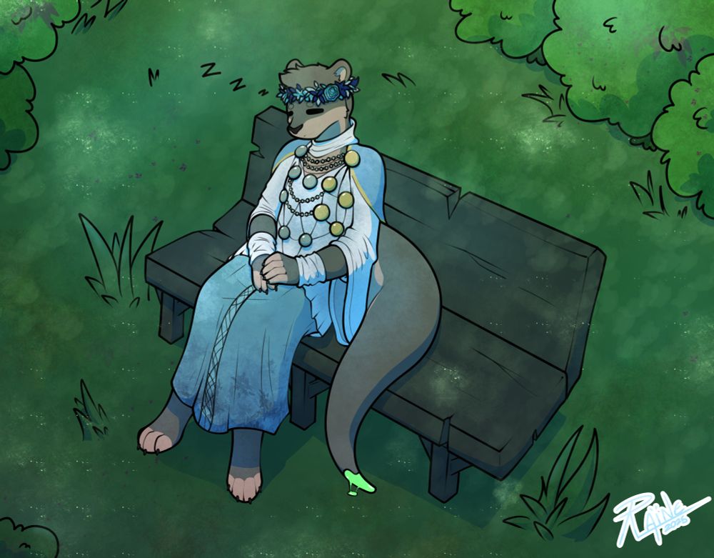 A shaded art piece of Derg's otter character dressed as the Revenant character from Elden Ring Nightreign. He is dozing off while sitting on a bench in a grassy area. 