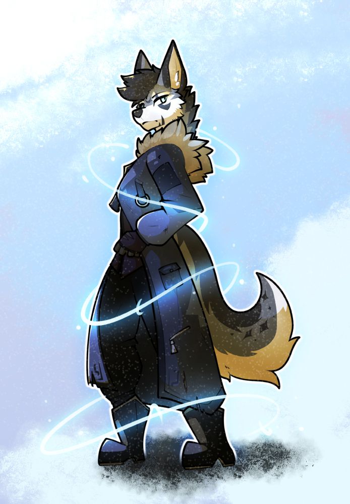 Artfight revenge art for Rooka. The character is Aiden. He is looking back at the right side of the image, magic swirlling around him. He is wearing a long winter coat with boots and pants. Background is mostly abstract and simple.