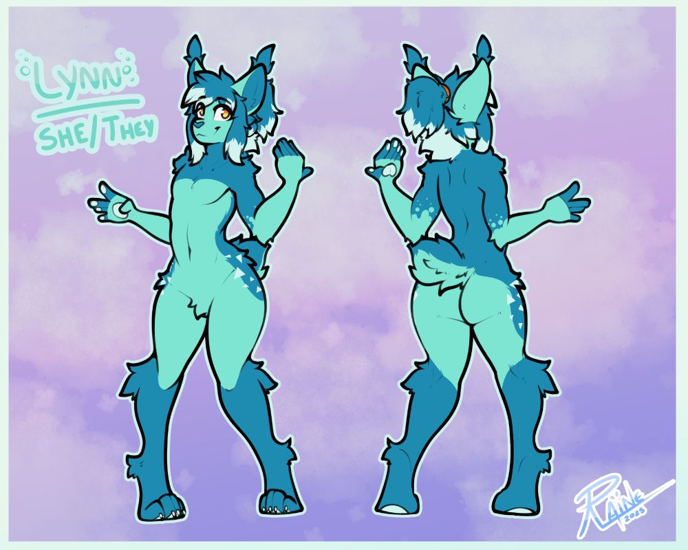 Reference sheet for Lynndis. This version has her hair up in a ponytail. "Lynn. She/They"