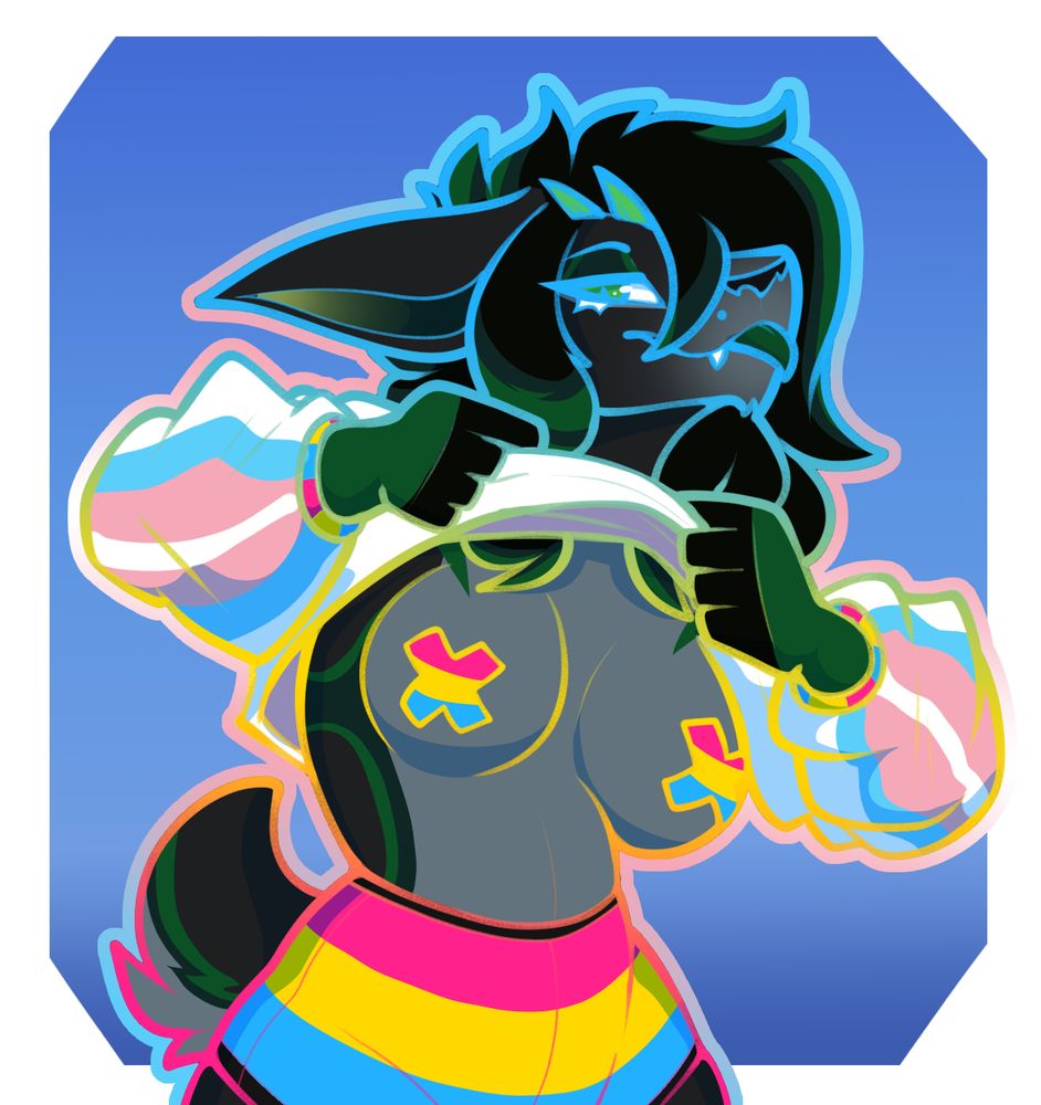 Pride art featuring Dygemi! Featuring the Pan pride and Transgender pride colors. This version has pan colored lineart