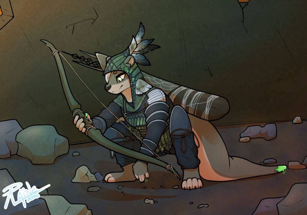 A shaded art piece for Derg. His otter character dressed as Iron Eye from Elden Ring Nightreign. He is squatting down while inspecting his bow. There is rubble in the background with orange tones/lighting.