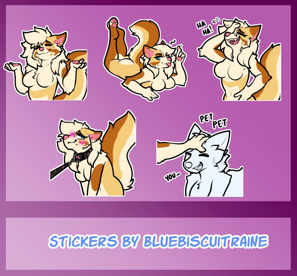 5 stickers of Tsmurt's character Maya. A shrug sticker, a laying pose while poking her tongue out and wiggling her finger, a laughing sticker, a leash pulling sticker, and her petting a "you" character. Stickers by Bluebiscuitraine at the bottom. Pink gradient background