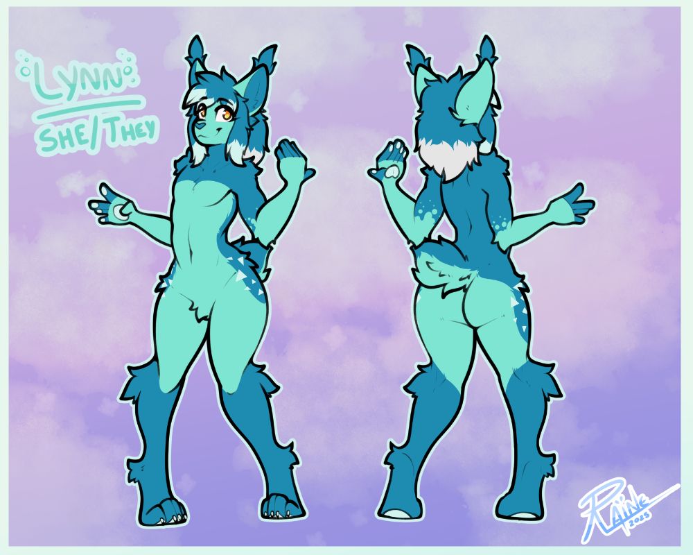Reference sheet for Lynndis. This version has her hair down and out of a ponytail. "Lynn. She/They"