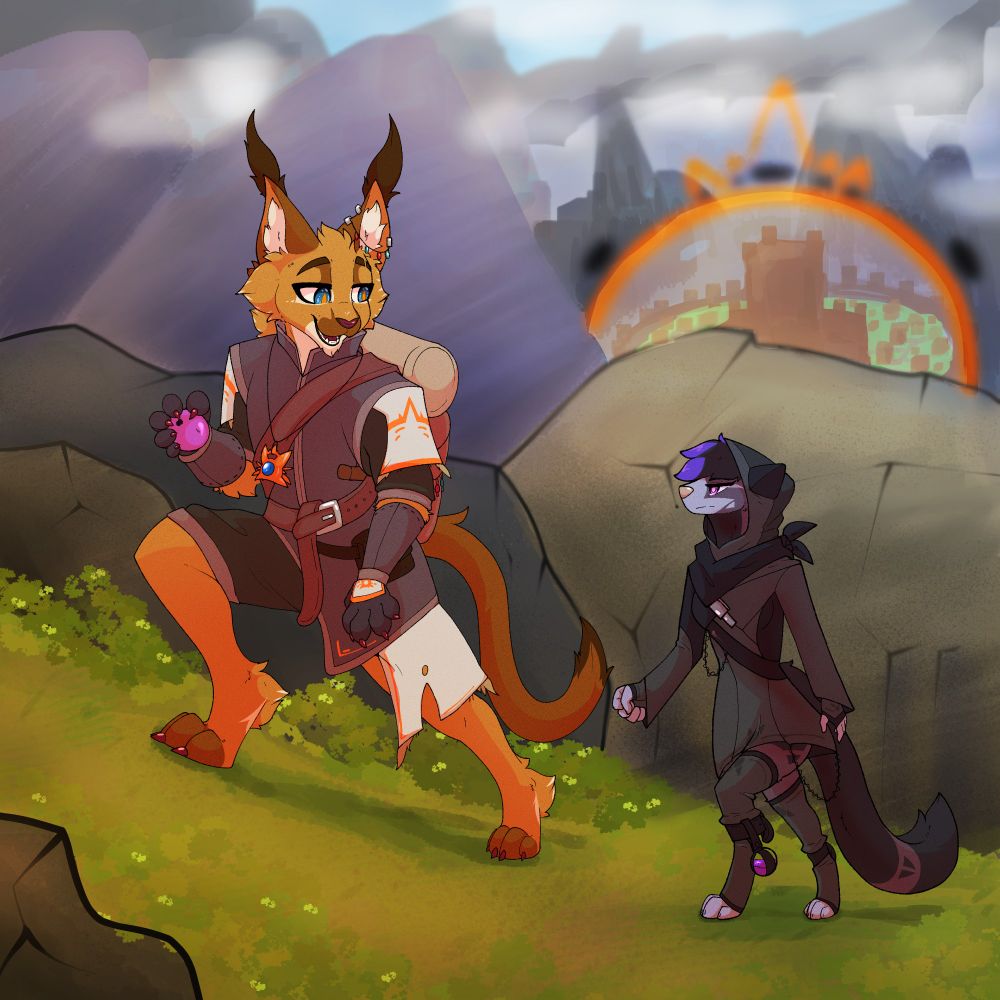 A scene of two of my characters. The left one is Jez (He/Him) A caracal/panther mix, but he mostly resembles the Caracal species. He is wearing merchant garb, and his coloration is mostly browns/oranges. The right character is Cyla (She/Her) A dark colored ferret with purple hair highlights and a rogue/thieve style outfit. They are walking up a mountain path together. The background has rocks and mountains in the distance as well as a city with an orange barrier around it. It is somewhat cloudy.

A little story snippit now:

Jez: " I can only imagine the things outside the city!"

Cyla: "Don't get your hopes up. Most of the world is rubble and corruption. You'd be lucky to find a decent place worth going to, other than LumiaLox and your place."

Jez: "Oh come now. Life in itself is so amazing, even if the world we live in is a frightening one. There's so many more things to love."

Cyla: "You might just change your mind on that by the time you're done with me..." 


bluedogart