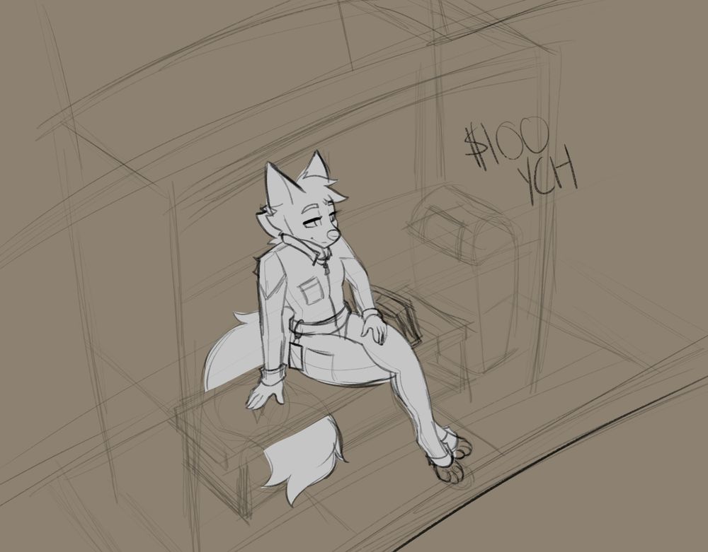 A ych featuring a character sitting at a bus stop. 
