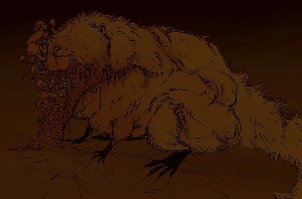 A creature with a squirrelish body, but clearly bloated out of proportions. Middle of it is grotesquely open, the other side still hanging to some thin meaty substance, other side full of growing mushrooms. There's some wounds in the body which are also growing mushrooms. The tongue is hanging from the body, but looks more veiny than a tongue should. There's no eyes on the creature, but it has half an apple for the head (split horizontally).