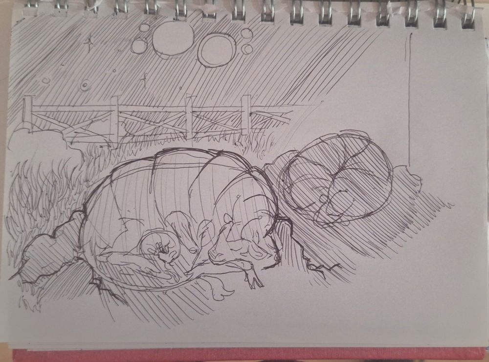 Bovinants sleeping in a grassy field, the mother protects the small shell less calf. The 6 moons can be seen