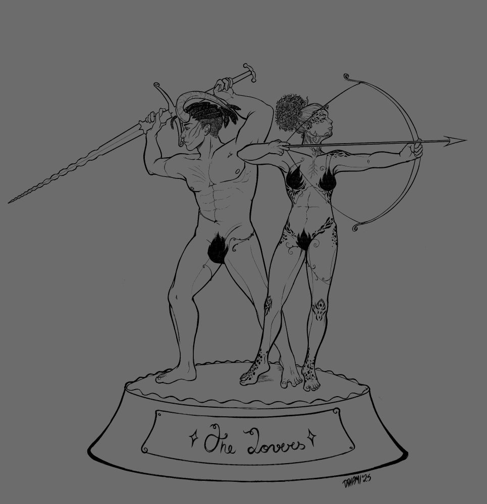 Two figures standing, Wyll and a githyanki named Yavatru. 

Wyll is holding a great swrod over his head in a defensive position, while yavatru is aiming a bow. Both of them are naked on a pedestal, covered in vines, the name on the pedestal reads "the lovers"