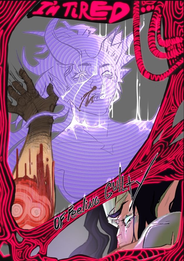 A draw over of a hand jumper panel 

"I'm tired of feeling guilty" 

One of the characters is a hallucination melting away and the other is looking at them post fight, face bloodied, as they hallucinate further.