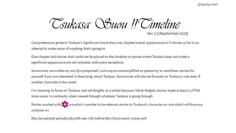 Slide 1: introduction. Full timeline (minus minor appearances) of Tsukasa in the new era stories. Timeline focuses on Tsukasa and not Knights due to lack of continuity in new era