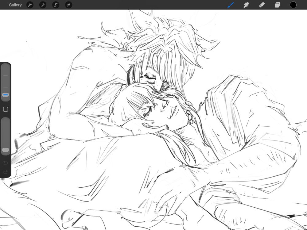 a pencil like sketch of estinien lying back and a catboy warrior of light leaning over and kissing the side of his face