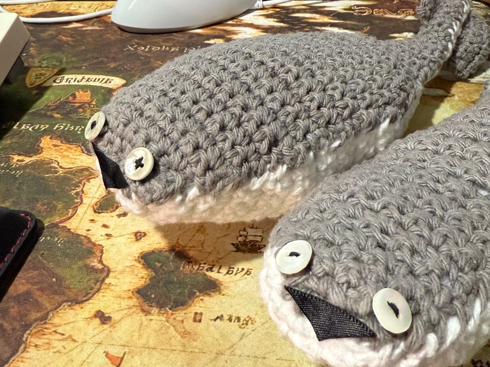 Two crochet fish (sacabambapsis) made by the poster. They have button eyes with black thread that give them a vacant look. One seems like it’s looking towards the camera