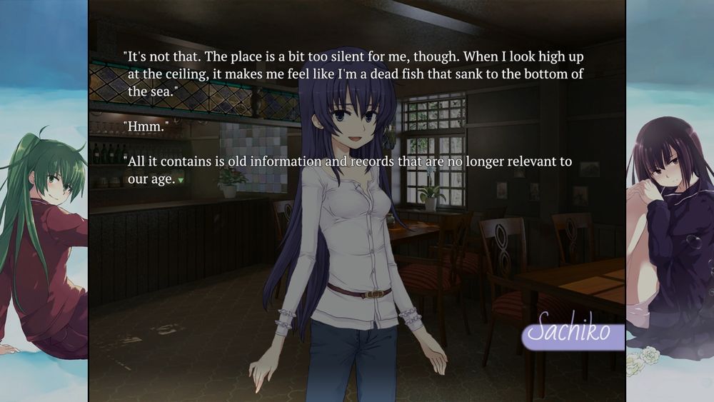 Screenshot of Yuri (Girl's Love) Mystery Visual Novel Titled SeaBed. Single character is shown in the middle. Text is as follows:


"It's not that. The place is a bit too silent for me, though. When I look high up at the ceiling, it makes me feel like I'm a dead fish that sank to the bottom of the sea."
"Hmm."
"All it contains is old information and records that are no longer relevant to Tour age.▾