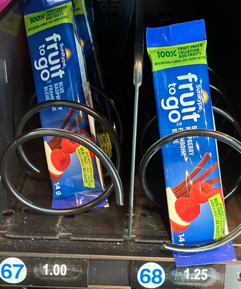 Two identical items in a vending machine. One on the left cost $1, one on the right $1.25