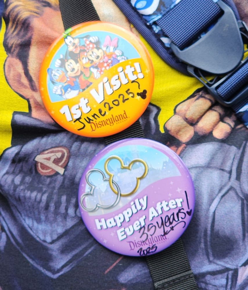 2Disneyland round pins, 1 yellow says 1st visit, other is purple with Mickey and Minnie heads interconnected and says Happily Ever After with 35 years writing in !