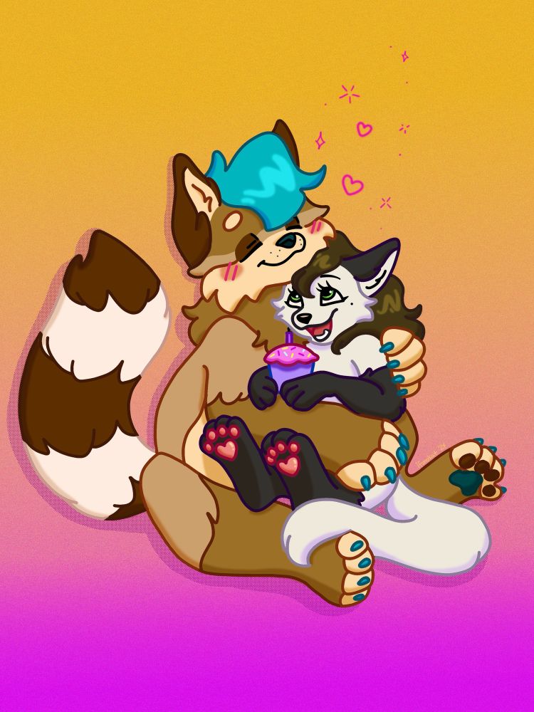 CK9C holds his mate Kat in their lap with their arms around her, while she holds a little birthday cupcake treat and smiles up at them lovingly 💜✨
