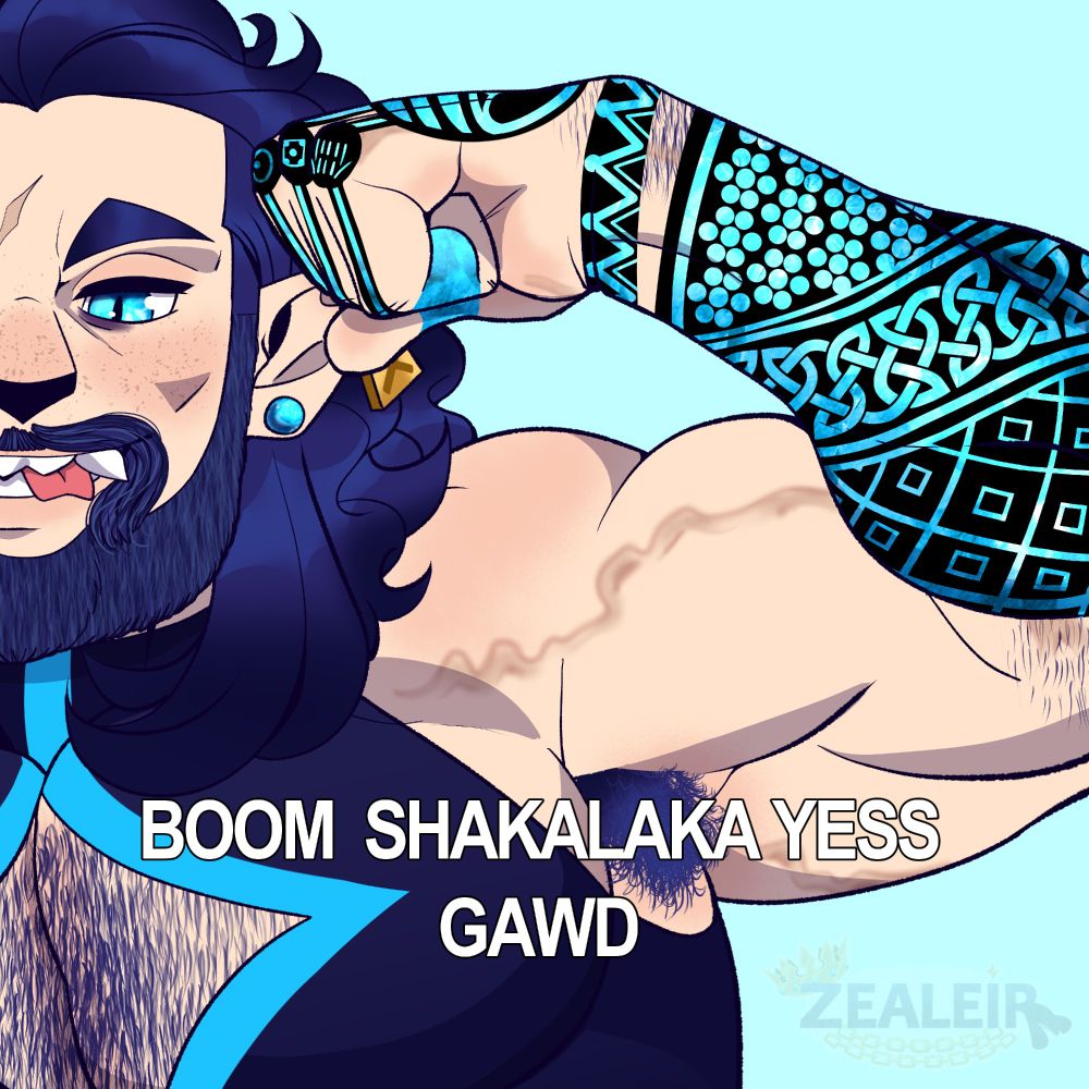 A muscly, bearded man with dark blue hair, sharp teeth and intricate magical tattoos holds up his arm in a flexing pose, with the caption "BOOM SHAKALAKA YESS GAWD".