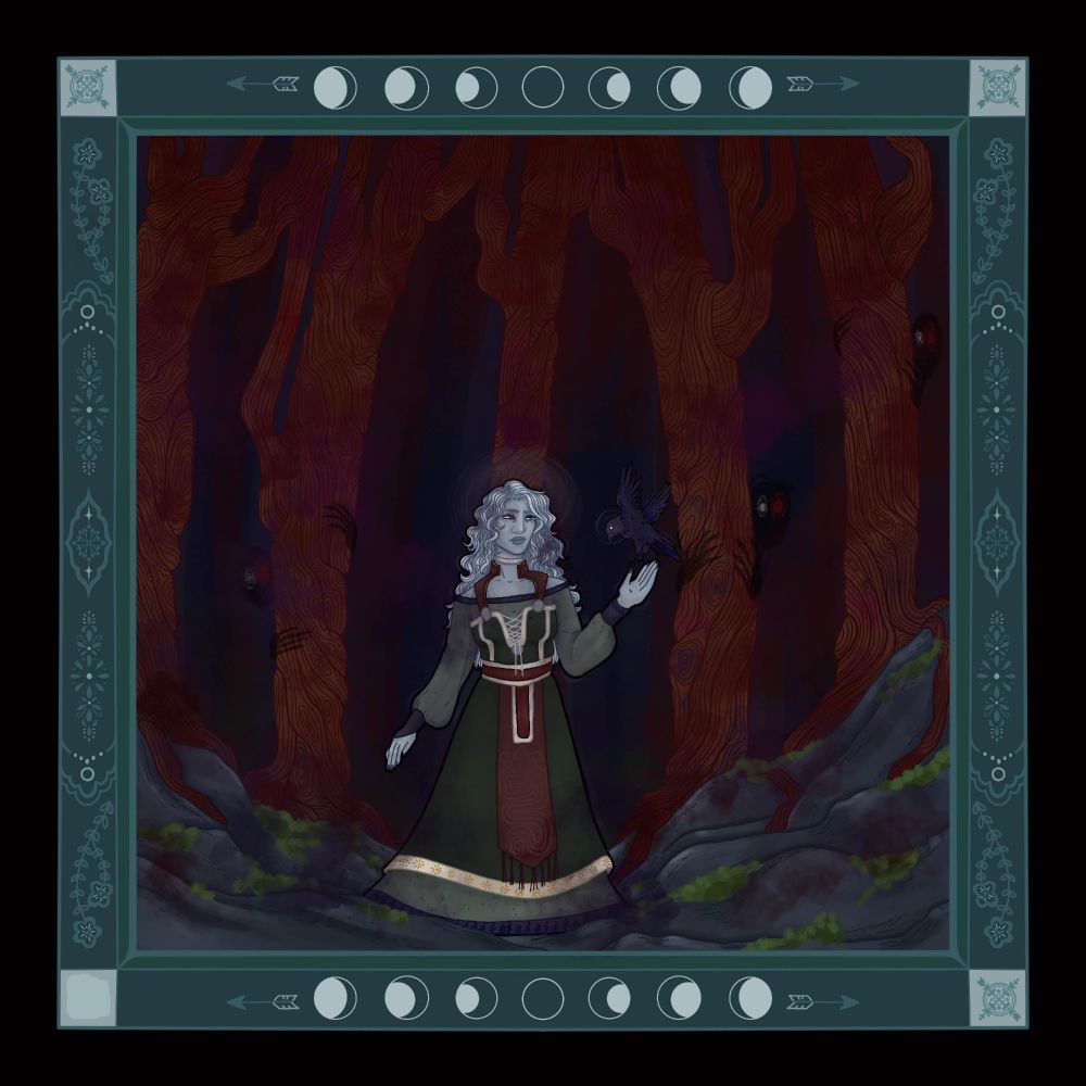 A digital drawing of a woman in a dark forest surrounded by gnarly trees with figures hiding behind them. she is wearing a green layered dress. Her skin and hair is a pale blue, she has one red and one green eye. she is looking towards a black raven with one glowing eye. The illustration is framed by a boarder that depicts flowers, moon phases and arrows.
She's a pathfinder 2nd edition character.