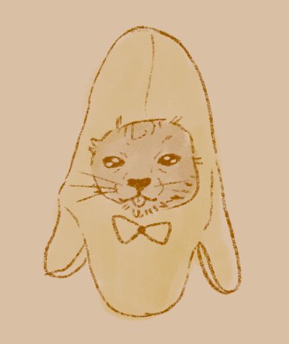 digital drawing of cat in a banana costume, tongue out
