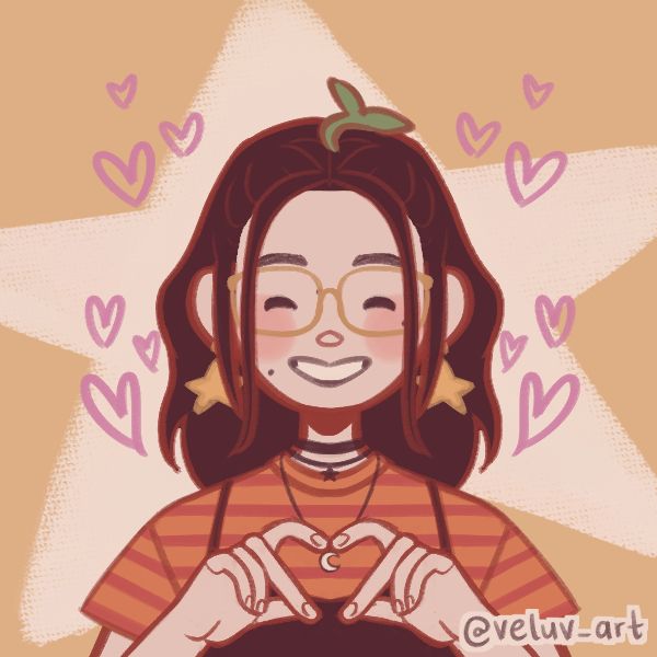a picrew illustration made by Veluv_Art depicting Arkaniske. 
They have dark hair, star earrings, gold glasses, dots on their face, an orange and red striped t-shirt with a black singlet over. Their hands is formed in a heart. The background is a big star and pink hearts surround their head.