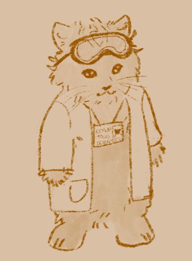 a digital drawing of a cat wearing a lab coat, lab glasses and a little badge that says 'octavia talis, scientist'