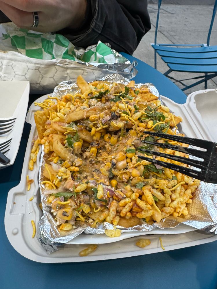 Elotes chaat fries! What an amazing fusion of two of my favorite things: elotes and chaat. Seriously flavorful